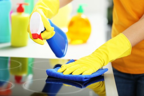 Low-moisture carpet cleaning process in a home interior
