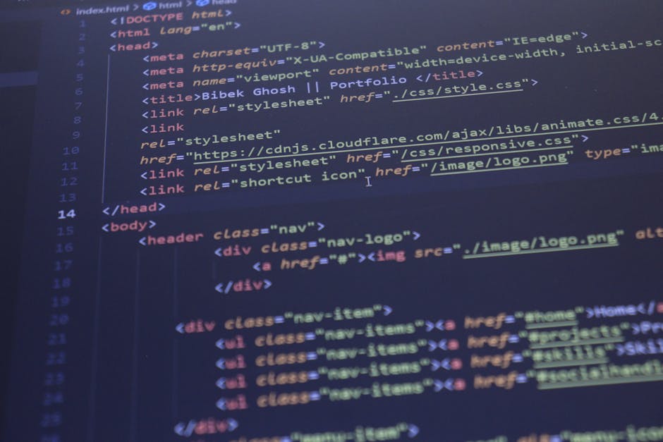 A close-up view of a computer screen displaying HTML code with syntax highlighting, featuring tags such as <head>, <body>, and <div>, illuminated by a bluish light. The code details webpage structure